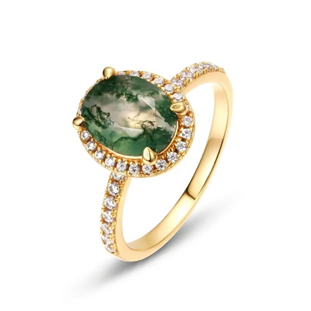 Fine Jewelry 925 Sterling Silver Oval Natural Green Moss Agate Ring